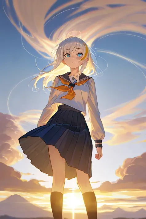 A masterpiece of anime art capturing a girl whose hair, slightly tousled by the wind, adds a dynamic sense of life to the scene. Her luminous blue eyes shimmer with emotion, drawing the viewer into her world of quiet wonder. She is dressed in a traditional...