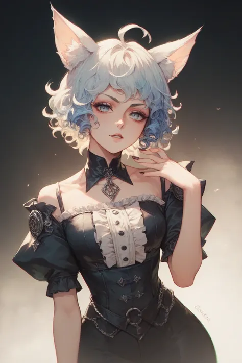 A girl,light skin, Ojos rojos, pelo white, White fox ears, colá de zorro,white, with gothic clothes,  short hair , grande Pecho, marked figure,  wide hips