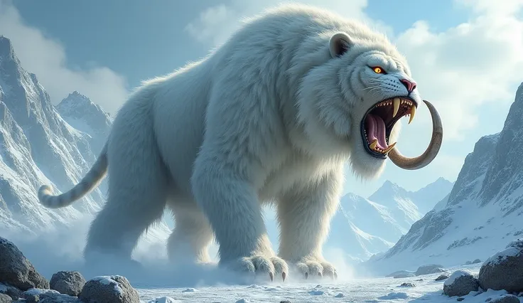 create an image,A terrifying creature , mammoth tiger yeti fusion ,make it action roaring make it realistic