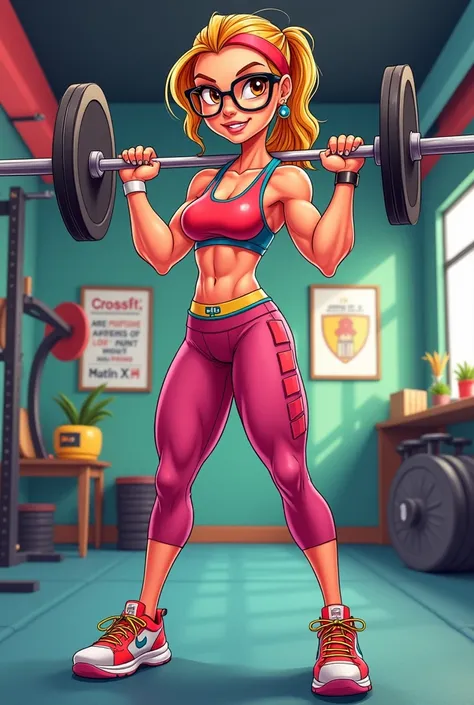 woman with honey-colored hair , glasses and brown eyes and sportswear doing Crossfit cartoon 