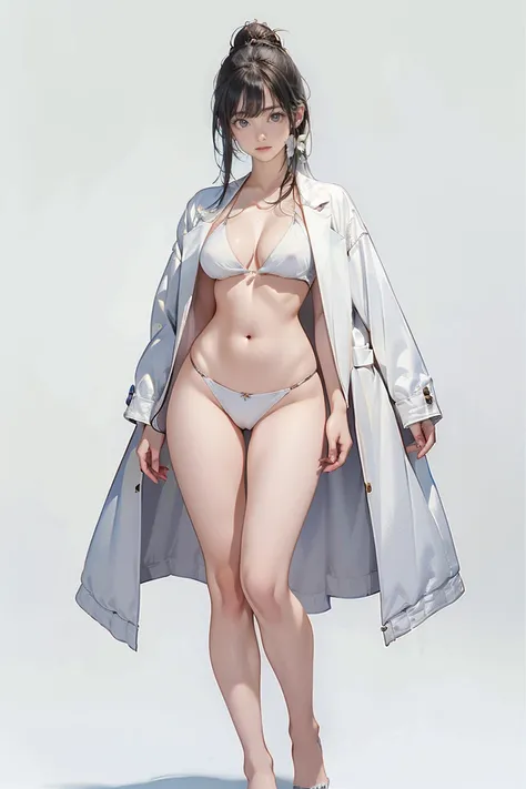  Perfectly Anatomically Correct Body , Perfect Hand, perfect fingers, (masterpiece,  High Quality ,  high definition ,  Golden Ratio ,  movie lighting, 8k), (((Full body))), (((yuge ))), 1 Extraordinary Beautiful Girl (((White Jacket, bikinis ))), ( Firm, ...