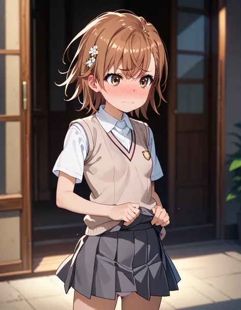 score_9, score_8_up, score_7_up, score_6_up, score_5_up, score_4_up, source_anime, masterpiece, best quality, loli, petite, shiny skin, gleaming skin, small breasts, mikoto misaka, short hair, brown hair, hair ornament, hair flower, brown eyes, skirt, shir...