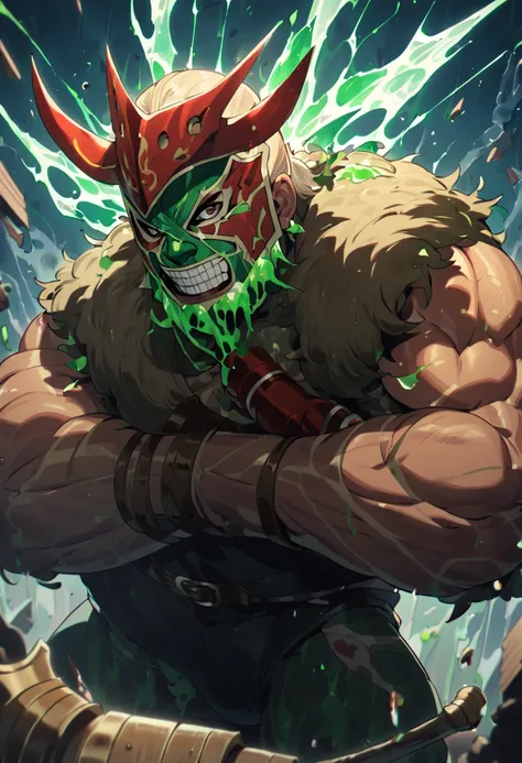 a muscular albino man, wearing a wrestling mask, a halberd and creating earthquakes, has a pirate outfit with a wrestling mask and has pipes that go from his back to his arms carrying a green liquid, high definition 8k