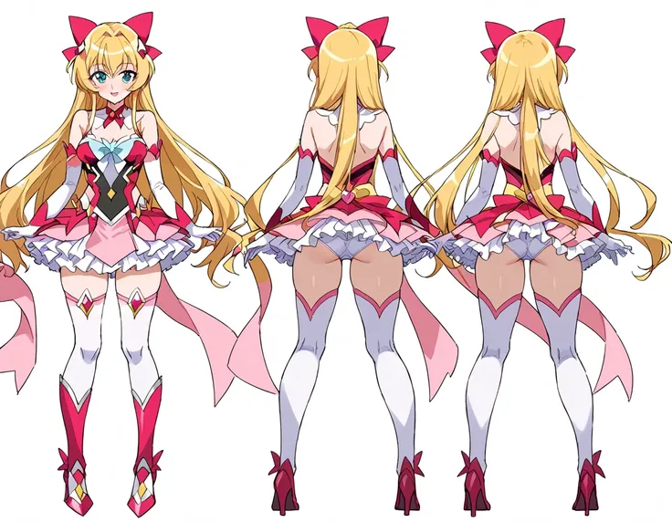 girl, solo, variety of hairstyles,  ((white background)), multiple views, before and after, magical girl, symphogear costume, taimanin costume, precure face, full body, turn around, from behind,
