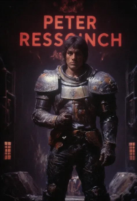 Detailed Retro Film Screengrab of a Young soldier with sci-fi armor.

A large screen display panel in the backgrounds has glowing red text that says "RETRO SCI-FI FILM"