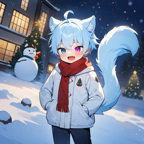 （masterpiece：1.2，high quality），8k，High resolution，A seven-year-old boy，cute boy，light blue hair，short hair， heterochromia，slit pupils， ahoge，cat ears，laughing， skin fang，Wearing a white coat，scarf，Dark blue pants，Christmas ，night，Christmas tree，Gift，primar...