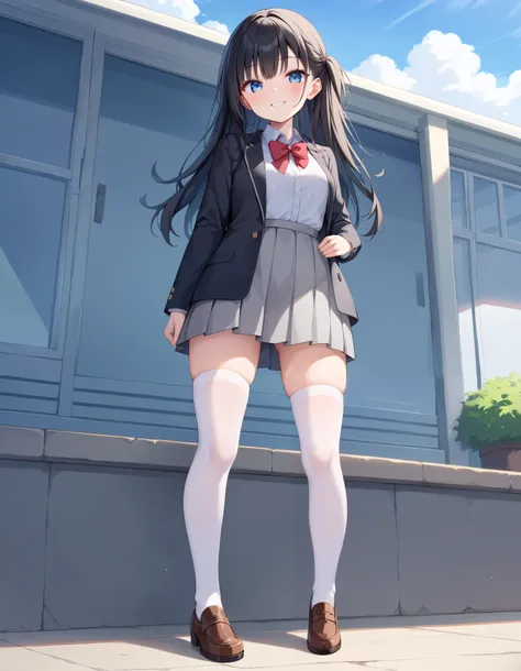 Masterpiece, hd, 1girl, small breasts, thing leg, black hair, blue eyes, long hair, wearing white collared shirt, black color blazer opened jacket, red bowtie, wearing gray skirt, miniskirt, cute girl, cute character,  smile, Standing, fullbody , wearing w...