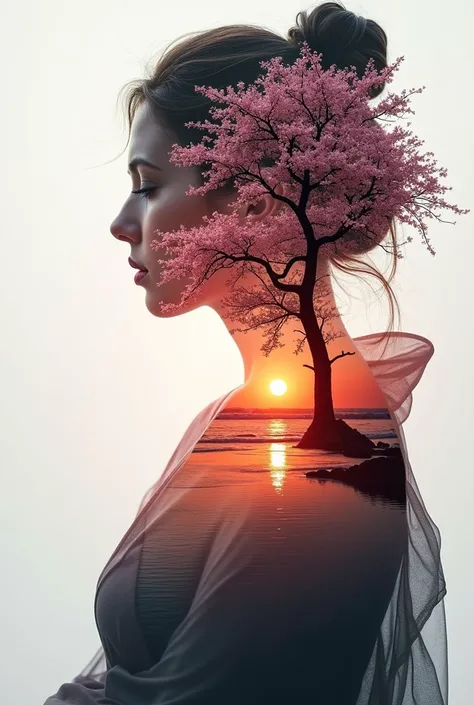 high quality, 8K Ultra HD, A beautiful double exposure that combines an goddess silhouette with sunset coast, sunset coast should serve as the underlying backdrop, with its details incorporated into the goddess , crisp lines, The background is monochrome, ...