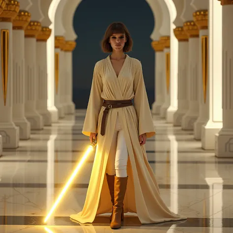  Use this image and create a woman with the same face . (( realistic ))  Shoulder-length short hair, with bangs and brown color .  She wears white-and-tan Jedi robes .  Wear white leggings. Wear thigh-high boots in tan color .  Wear a single-leaf lightsabe...