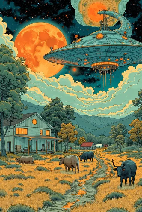 Cows in front of a flying saucer、Ranch、 psychedelic、 Space LSD Poster Art 、cosmic horror、Trippy Art、Terraforming、Acid trip、