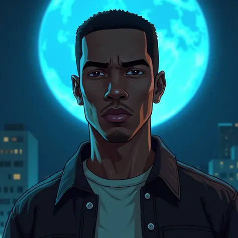 Create an image of CJ from GTA San Andreas, looking directly at the screen with a serious expression. The background should feature a large, bright blue moon in the night sky. Ensure the graphics are consistent with the original style of the GTA San Andrea...