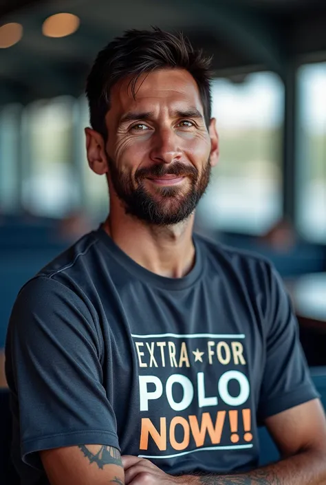 Messi wearing a t-shirt with a caption that says EXTRA FOR POLO NOW!!