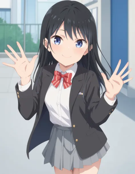 Masterpiece, hd, 1girl, nanakura Rin, small breasts, thing leg, black hair, blue eyes, long hair, wearing white collared shirt, black color blazer opened jacket, red bowtie, wearing gray skirt, miniskirt, cute girl, cute character,  smile, Standing, potrai...