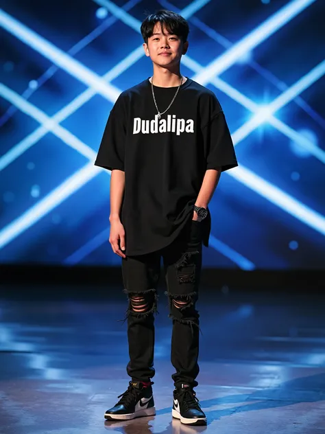 portrait of a young man, korean face, short black hair, korean hairstyle. watch. wearing a black t-shirt with the words "Dudalipa" in white, necklace. black ripped jeans, nike jordan sneakers, he poses standing, american got talent stage studio background,...