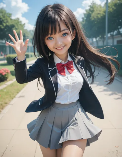 Masterpiece, hd, realistic, Chinese girl, 1girl, small breasts, thing leg, black hair, blue eyes, long hair, wearing white collared shirt, black color blazer opened jacket, red bowtie, wearing gray skirt, miniskirt, cute girl, cute character,  smile, Stand...