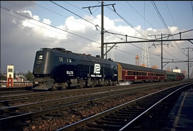 60s style powerful locomotive travelling through an orange rocky desert, avant garde design locomotive, telegraph poles near tracks, (((very long slender thin electric locomotive))), clear blue sky, (many wheels), streamlined locomotive, (((avant garde sty...