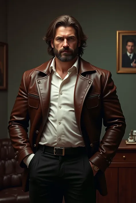 The image shows an imposing-looking man and a mobster..  He has slightly long and voluminous brown hair , therefore, well-groomed beard, and a serious and intense expression .  Hes wearing a dark brown leather jacket,  white shirt and black pants . He is v...