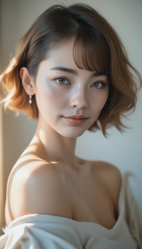  top quality , masterpiece,   Ultra High Resolution , ( Photorealistic:1.5),  RAW photos ,  Japanese woman、 cute face、 One girl , OFFSHOULDER IN THE DARK,  deep shadow ,  discreet , Cold Light,  sexy look ,  short hair