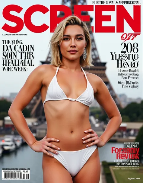 Magazine front cover " Screen " written in middle Red decoration letters at the upon the screen ,Next Bond girl, next villain,  Front pose, standing pose,  right hand on hip, Side view, cowboy shot, Florence Pugh, smile , middle cut, golden hair, Chanel de...