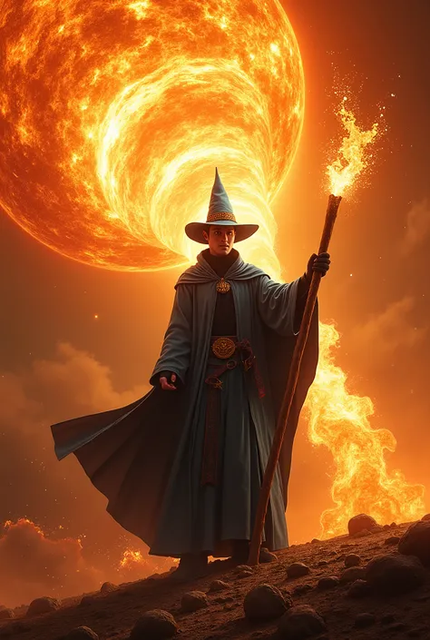 (photorealism:1.2), (photorealism:1.2), photo of a young handsome man, a busts of fire sparks came out of his wooden staff, fire magic , outdoors, to point a staff at the enemy, deep azure blue wizard robe, deep azure blue witch hat, jet-black turtleneck s...