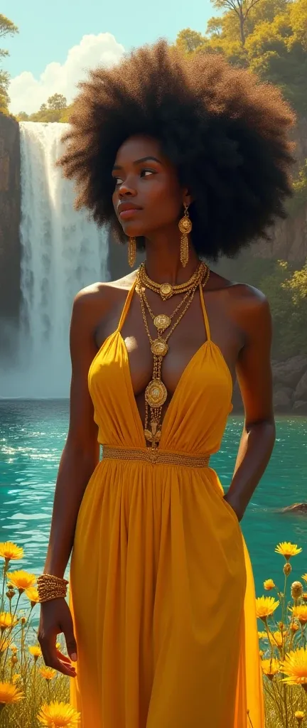 Maurixá Africana called Oxum Ponto, a very beautiful black woman with frizzy hair, an exuberant beauty .  She wears a dress almost golden yellow and many gold jewels, earrings, bracelets, she is the queen of fresh waters .  Oxum is taking care of her river...