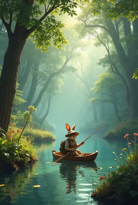 forest with lots of trees and a lake in the center and a rabbit dressed as an explorer with a canoe fishing