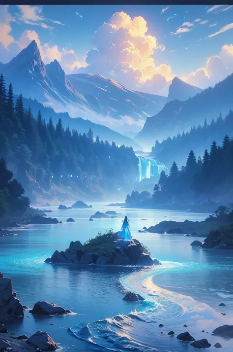 (  magical cute null blue stream overlay scene), ( Floating island ), (cloud),    soft writing similar to Gremory , Clean Background, beautiful null landscape  , masterpiece,    High Quality  ,    beautiful graphics ,    high detail,by Thomas Kinkade,    A...