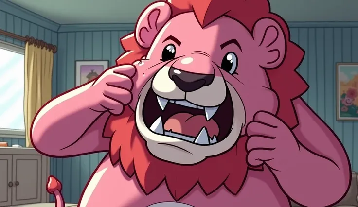 Realistic, comic sequence, man is trapped skintight inside a living inflatable Steven universe cartoon style pink lion costume grabbing trying to take it off, inflatable lions face is stretched skintight masked on mans face, lion has devious grin, the infl...