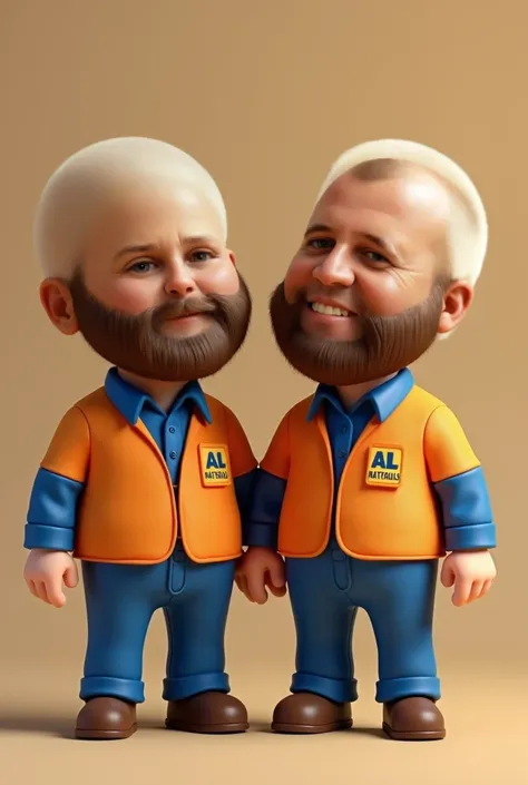 Create an image of two half-chubby, bald twin characters without beards to be identification dolls for a construction materials brand. they must be uniformed with a blue and orange blouse written AL MATERIALS   