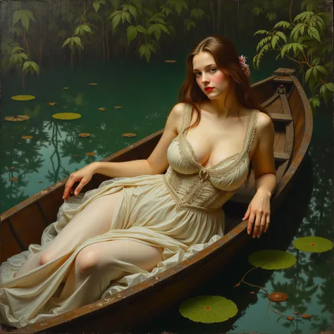 pre-raphaelite painting of beautiful woman with large breasts big cleavage dress long brown hair blue eyes red openned lips lying on a boat in a swanp