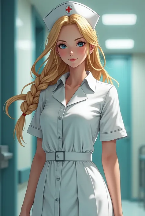 Blond-haired braided brunette woman dressed as a nurse