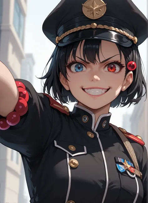 1 guyLooking at viewer, Smile, Short Hair, Black Hair, Red Eyes, Teeth, Heterochromia, Wide-Eyed, Evil Smile, Glaring, Hair Bobbles, Peaked Cap, 