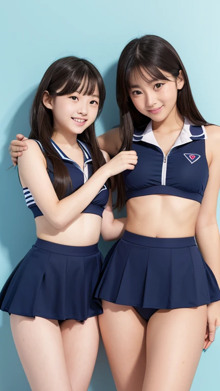 2 girls, navy school swimwear, holding each other, upper body,