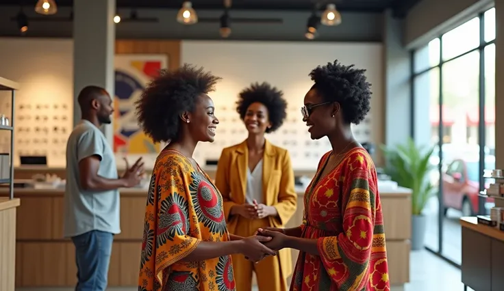 femmes africaineavec le s qui porte des lunettes ouvre la porte dune luneterie moderne acceuillit par un lunetier africains avec un sourire.