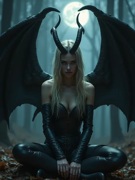 A powerful female demon sits in a contemplative pose, with large dark dragon wings extending from her back. She has fair skin, long wavy blonde hair, and curved horns on her head. Her expression is serious as she looks down, surrounded by shadows. She wear...