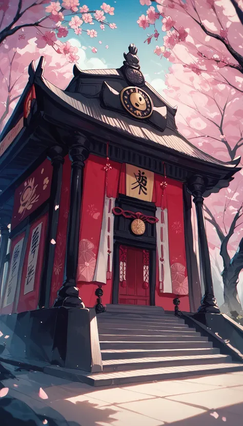 Japanese ancient temple cherry blossom Japanese black horror background