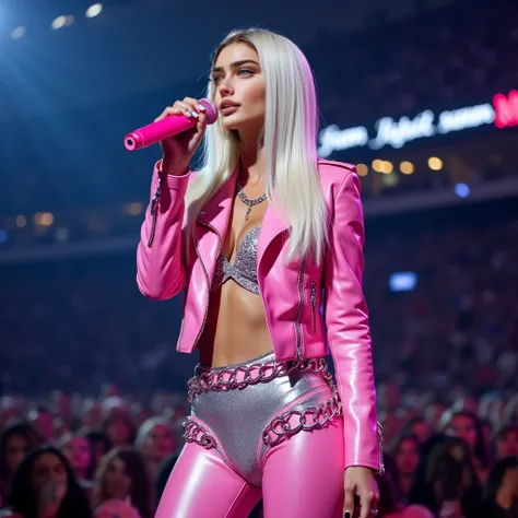 Young thin woman,  LONG SMOOTH PLATINUM BLOND HAIR , blue eyes,  PINK LEATHER JACKET WITH SILVER stones , SHINY PINK CROPETTE WITH SILVER CHAINS ,  shiny silver panties  ,  WITH I FEEL WITH CHAINS , long pink boot  ,  SINGING AT THE BIG SHOW AT THE STADIUM...