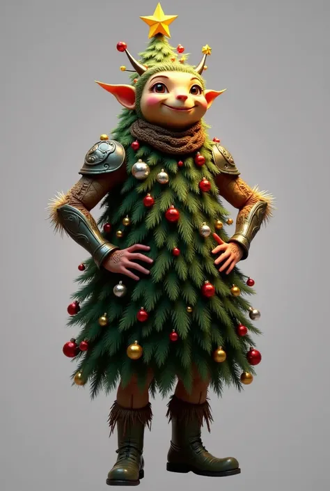 generate images of (fat) character of (emoji head) zany scarecrow with a dark fantasy theme,(hands on hips:1.5),  highly intricate Christmas tree costume, armor must be inspired by Christmas tree, elegant, and visually striking, highly detailed boots, rese...