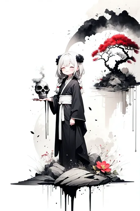 Alone,1 Female(Chibi,cute,Cute,Age 10, hair color is white ,  hair with braids, messy hair,Eye color is dark, eyes closed and smiles , white skin, big smile,enjoy, full body , wearing the grim reapers black robe ,I have a sickle and a skull,skip, flower ha...