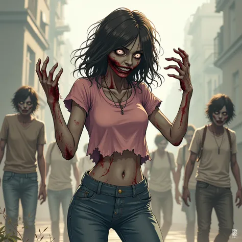  post-apocalypse、 realistic illustration 、 A female zombie with no energy, dim, white eyes, and poor posture wearing a tattered, light pink t-shirt and denim, looks diagonally downward, raises her hands in front of you and bends her elbows while trying to ...