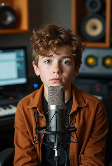 From front angel a very young handsome boy beautiful boy sitting front of a mic in a studio 