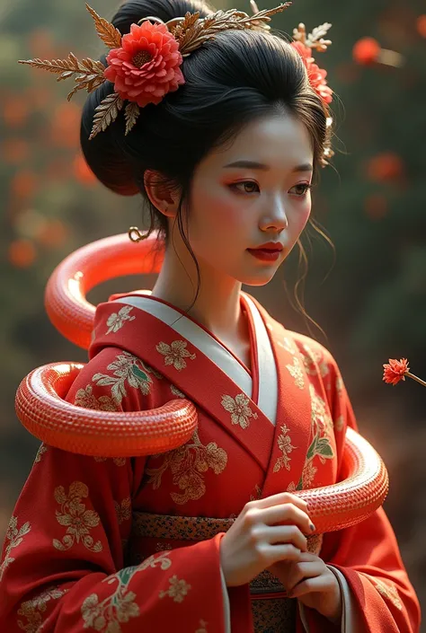   Geisha on a wrist , elegant, refined, mysticism,  with colors in their clothes with red prevailing, earth color , The metal,  wrapped in a neon snake .