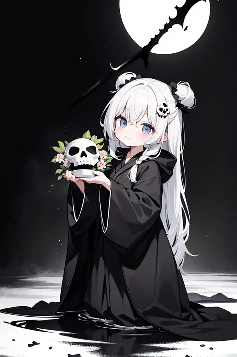 Alone,1 Female(cute,Cute,Age 10, hair color is white ,  hair with braids, messy hair,Eye color is dark, big eyes, white skin, big smile,enjoy, full body , wearing the grim reapers black robe , black hood , has a scythe,skip, flower hair ornament with bun h...