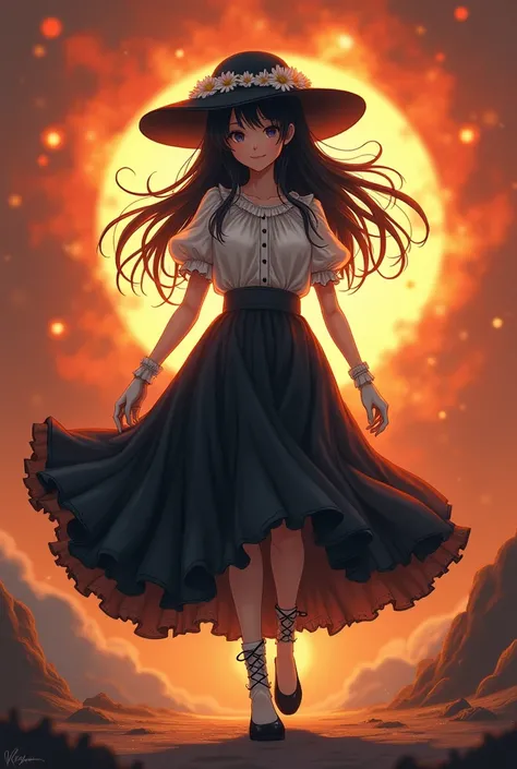 A girl with a fiery apocalypse behind her, she is walking towards the camera, she has long flowy black hair extending to her thighs that is flowing in the wind, she is wearing a black Sunhat that has white flowers on top of it that is hiding her eyes thoug...