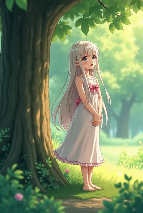 a cute anime girl with long flowing hair, peeing standing up under a tree, urinating like a boy with a powerful stream of urine, realistic, photorealistic, photo-realistic, 8k, high resolution, masterpiece, extremely detailed, ultra-fine details, vivid col...