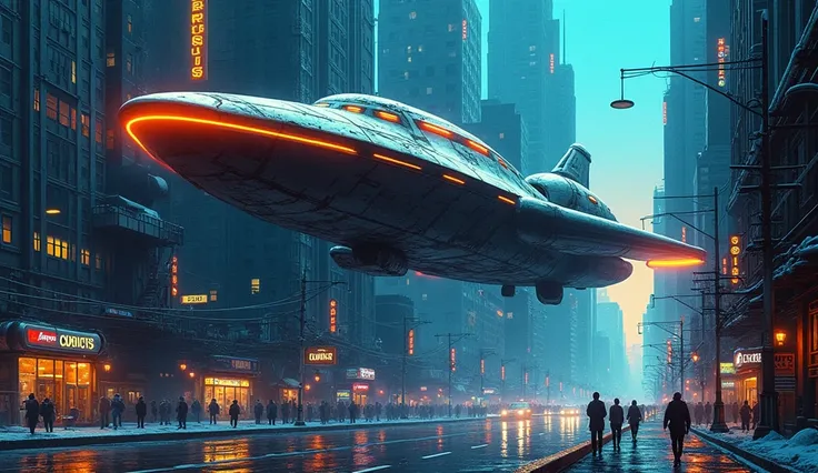 Street Mural of spaceship on a gigantic building made by neon-lit, neon Dystopian, gritty textures, Highlight the scene with glowing accents of yellow and blue to evoke a sense of a neon-lit, dystopian future, painting finishing on an impressionist style o...