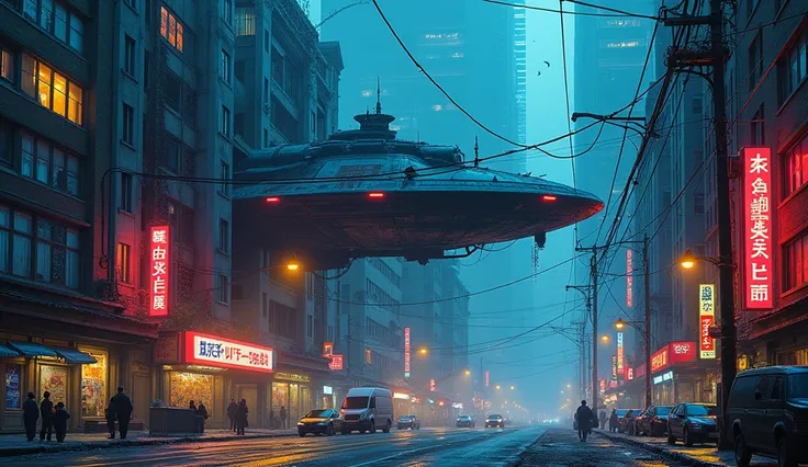 Street Mural of spaceship on a gigantic building made by neon-lit, neon Dystopian, gritty textures, Highlight the scene with glowing accents of yellow and blue to evoke a sense of a neon-lit, dystopian future, painting finishing on an impressionist style o...