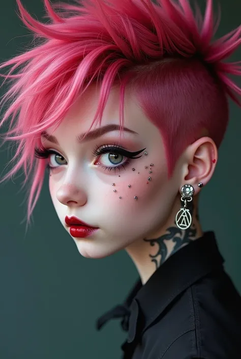 a close up of a person with pink/red hair and piercings, detailed punk hair, imvu, punk-rocker, with pink hair, punk rocker, 19 - year - old anime goth boy, dollpunk, neo goth, messy spiked red hair, bubble goth, pink iconic character, mall goth, emo style...