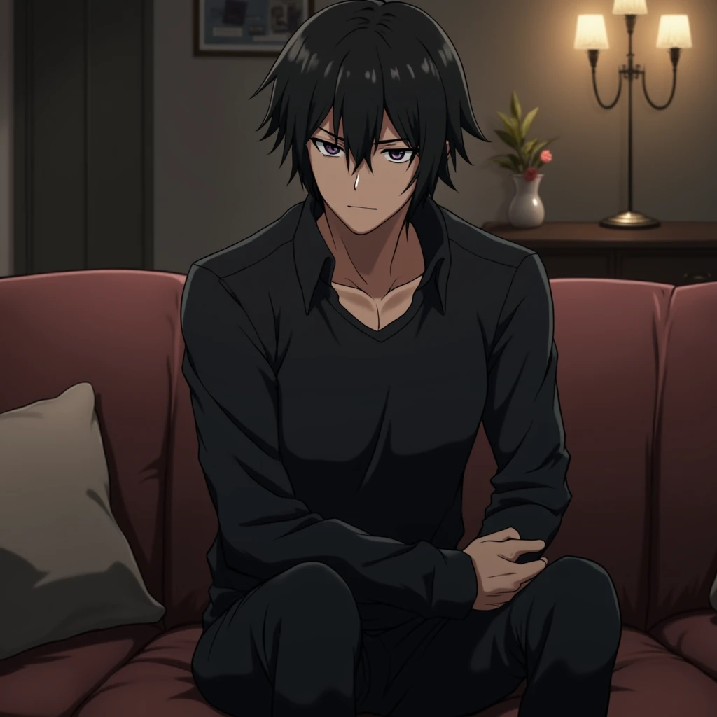 Anime Kirito Kun sits on the sofa and looks to the right in confusion 