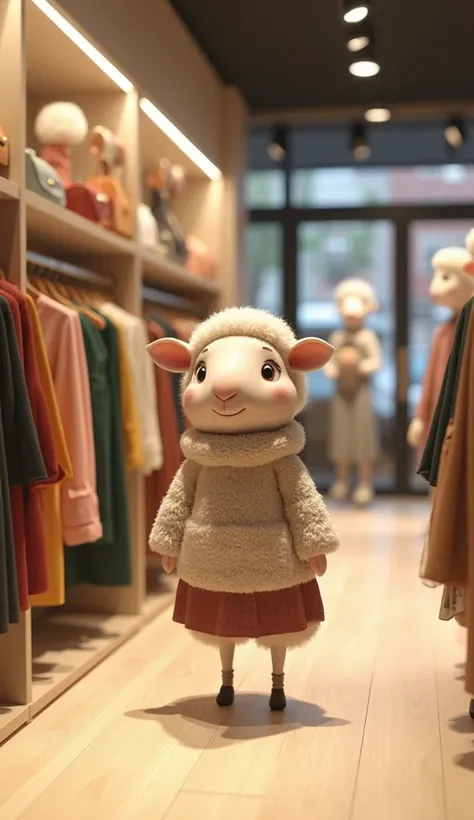  An image of an ultra-realistic Super cute old woman ,  with soft and bulky fur ,  wearing a delicate sweater and an elegant skirt ,  happily strolling through a Renner store .  The sheep stands before a macaw of womens clothing ,  watching with an enchant...